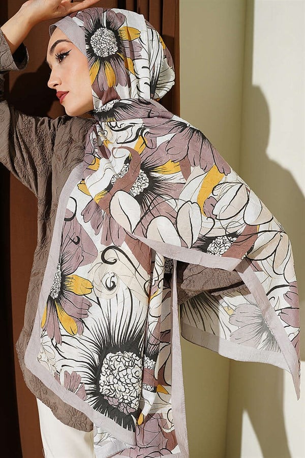 Sunflower Pattern Bamboo Crash Shawl Sand Beige