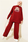 Teddy Bear Printed Three Yarn 2 Piece Set Burgundy