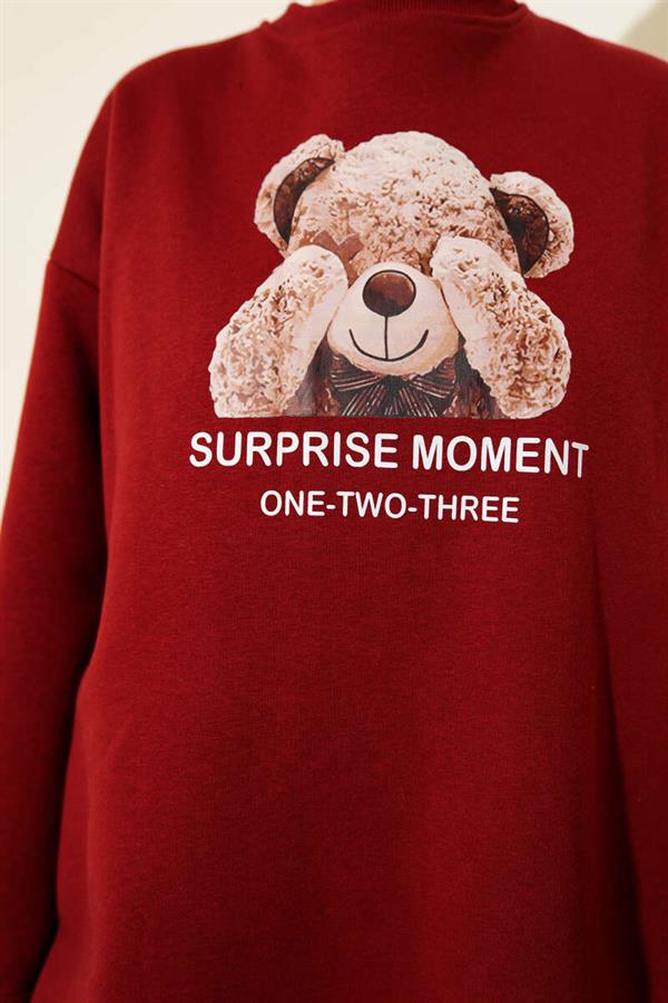 Teddy Bear Printed Three Yarn 2 Piece Set Burgundy