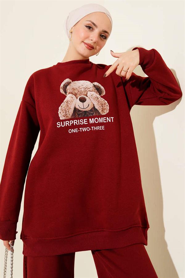 Teddy Bear Printed Three Yarn 2 Piece Set Burgundy