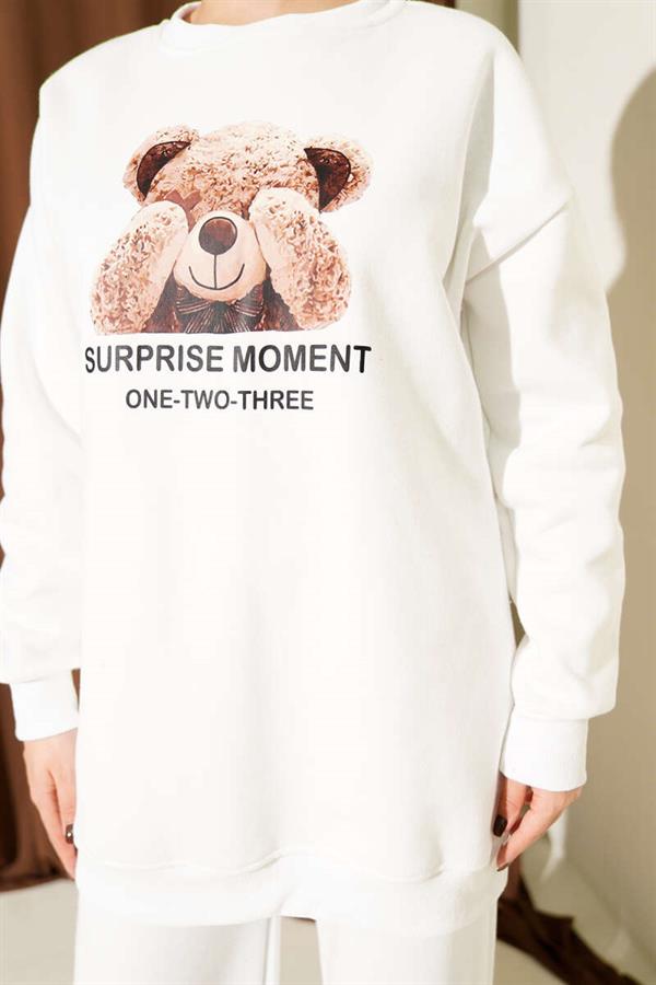 Teddy Bear Printed Three Yarn 2 Piece Set Ecru