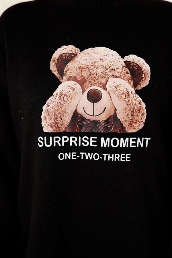 Teddy Bear Printed Three Yarn 2 Piece Set Black