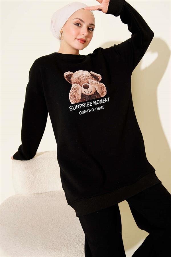 Teddy Bear Printed Three Yarn 2 Piece Set Black
