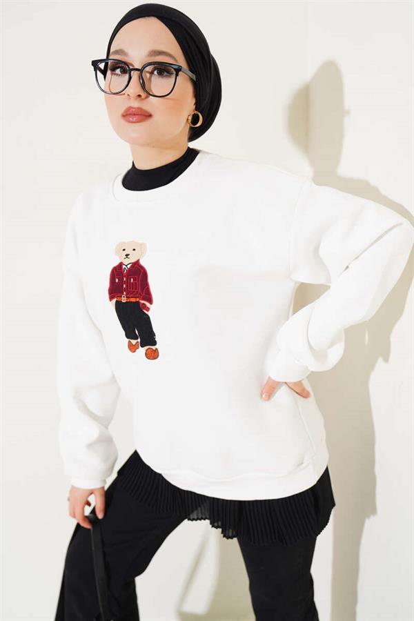 Teddy Bear Embroidery Three Thread Sweatshirt White