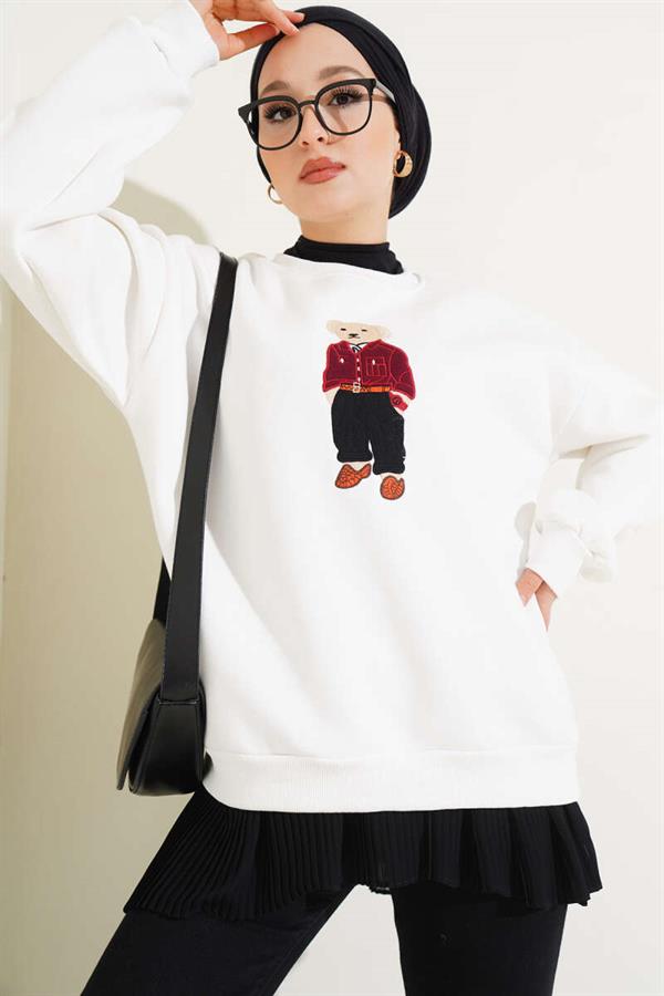 Teddy Bear Embroidery Three Thread Sweatshirt White