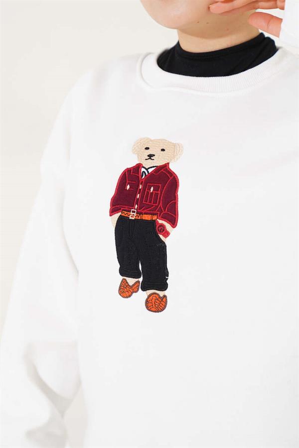 Teddy Bear Embroidery Three Thread Sweatshirt White