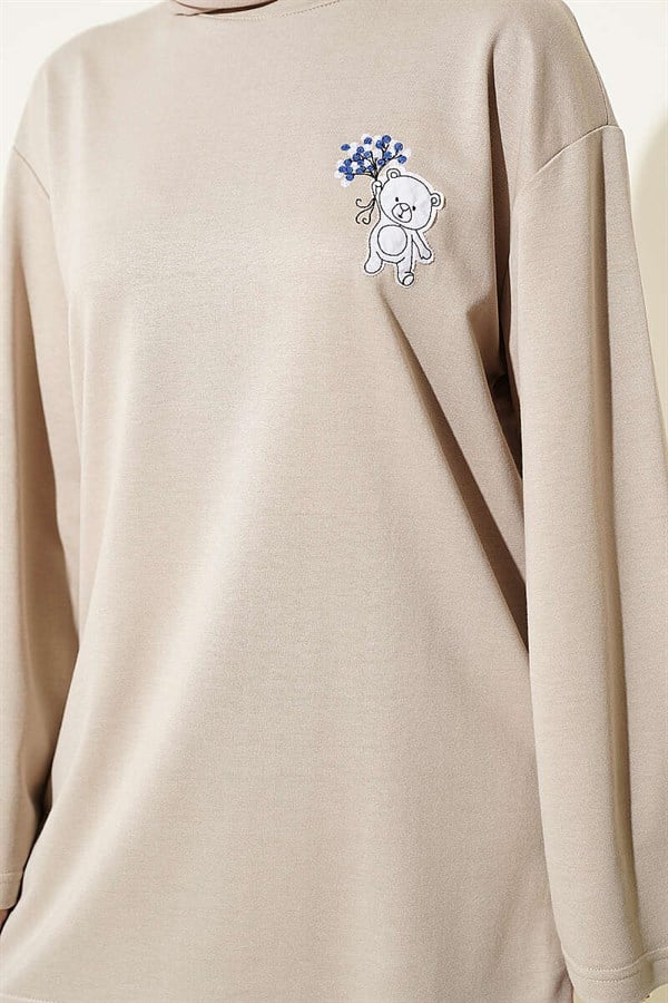 Loisha Tunic with Teddy Bear Embroidery, Beige