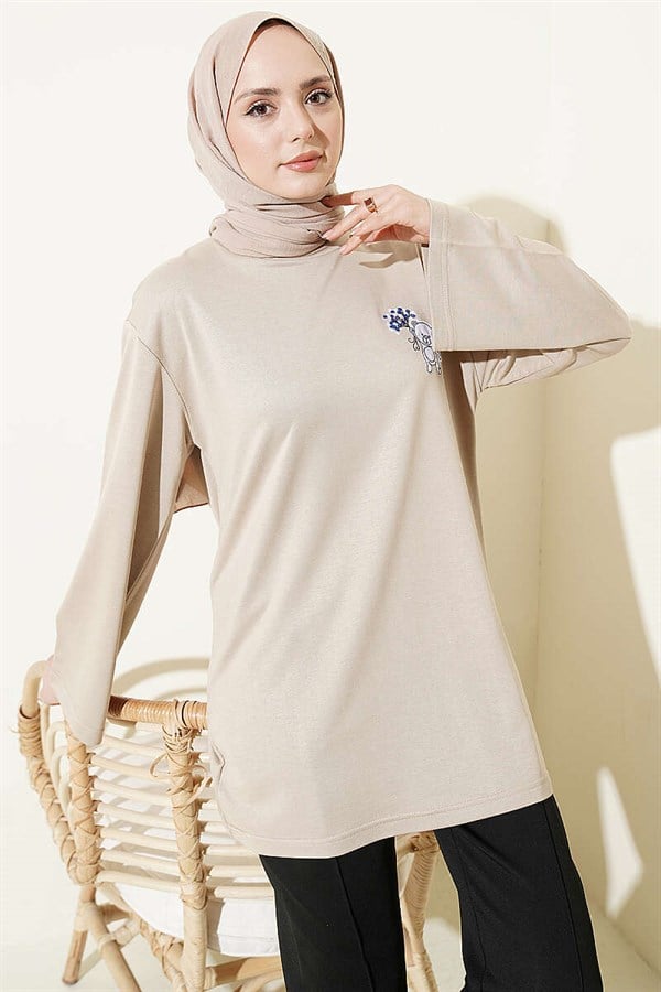 Loisha Tunic with Teddy Bear Embroidery, Beige
