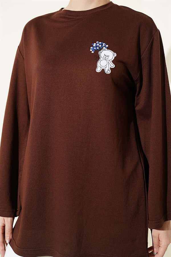 Loisha Tunic with Teddy Bear Embroidery, Coffee Brown