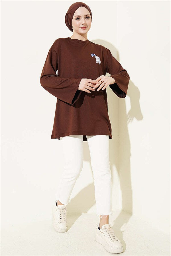 Loisha Tunic with Teddy Bear Embroidery, Coffee Brown