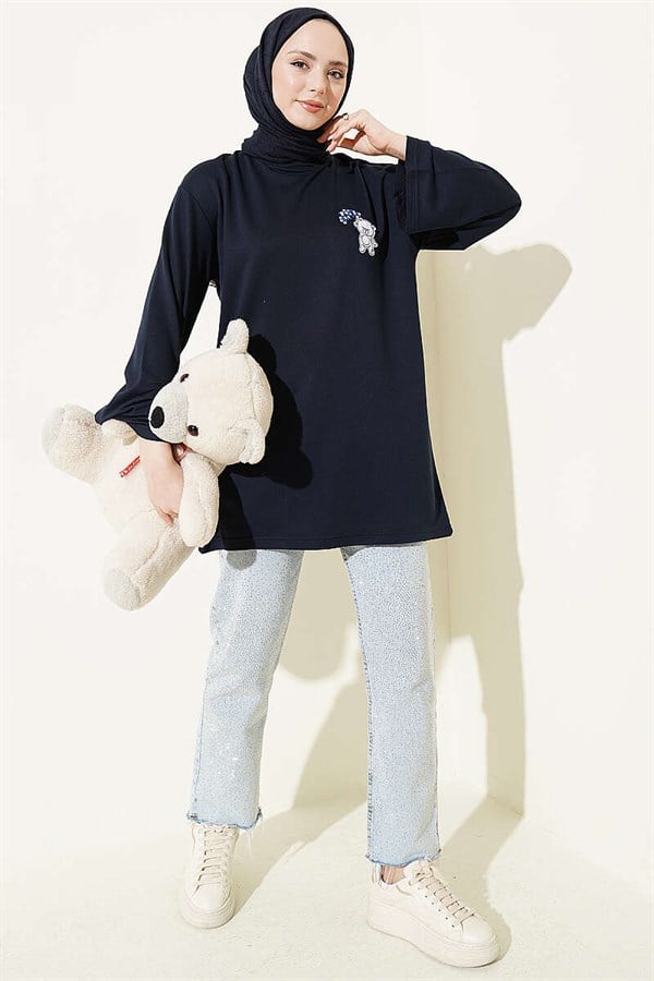 Loisha Tunic with Teddy Bear Embroidery, Navy Blue