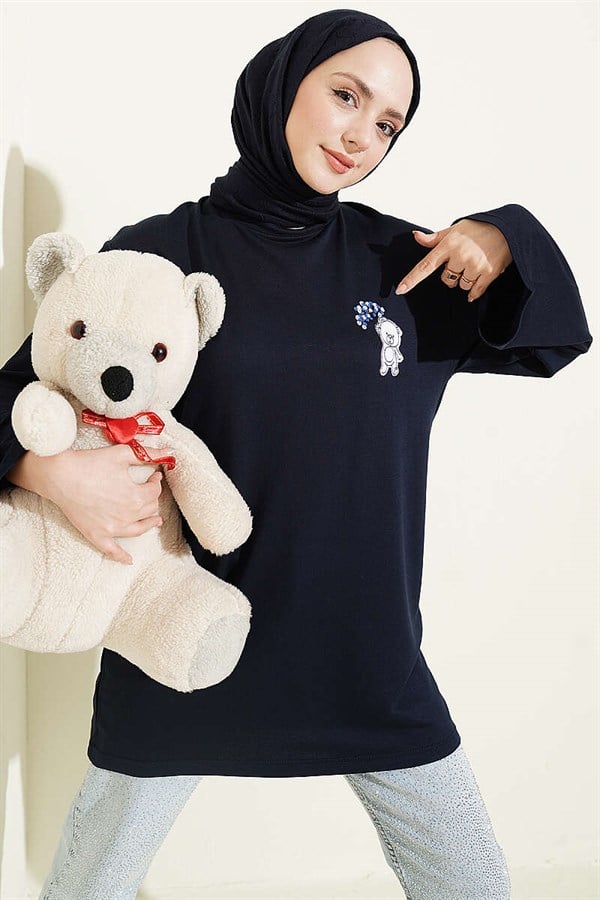 Loisha Tunic with Teddy Bear Embroidery, Navy Blue