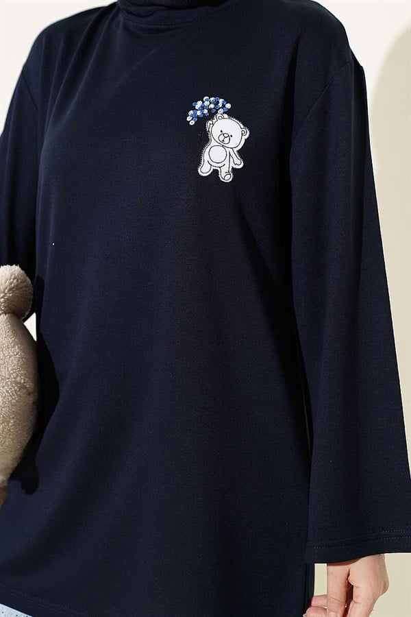 Loisha Tunic with Teddy Bear Embroidery, Navy Blue