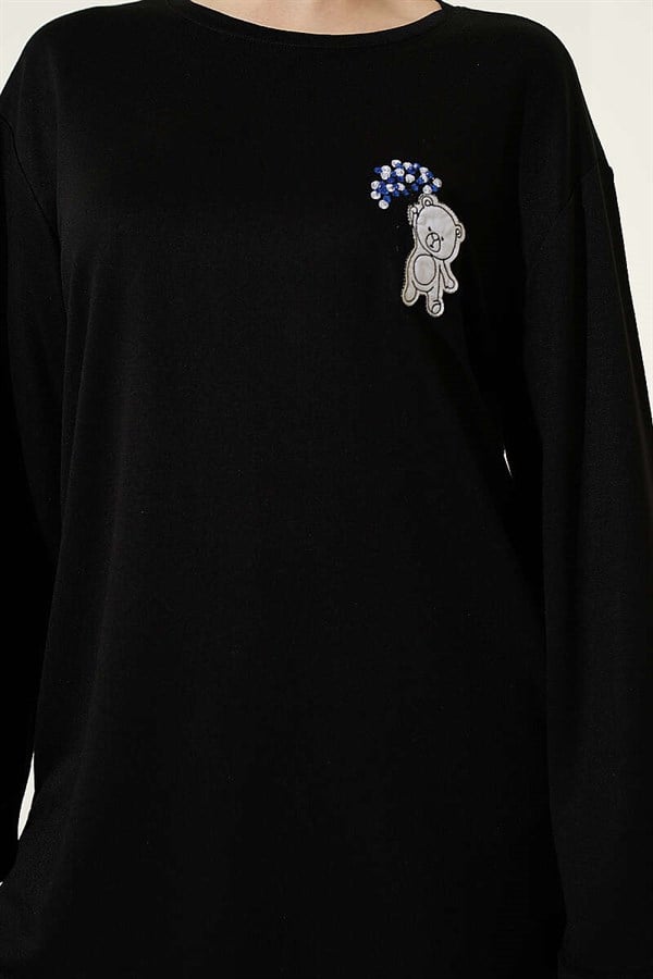 Loisha Tunic with Teddy Bear Embroidery, Black