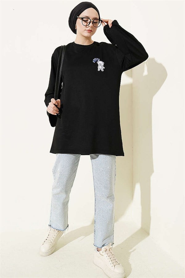 Loisha Tunic with Teddy Bear Embroidery, Black