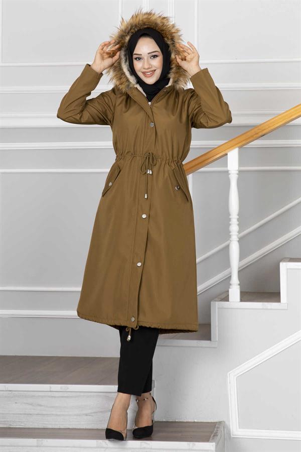 Ayla Tunnel Belted Hijab Coat Tan