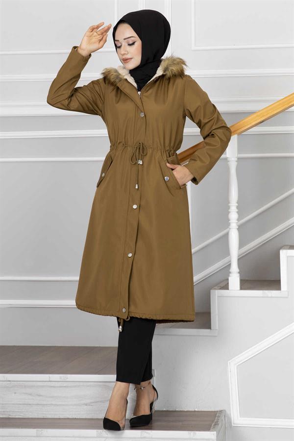 Ayla Tunnel Belted Hijab Coat Tan