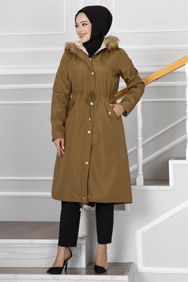 Ayla Tunnel Belted Hijab Coat Tan