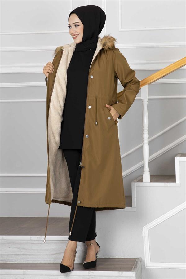 Ayla Tunnel Belted Hijab Coat Tan