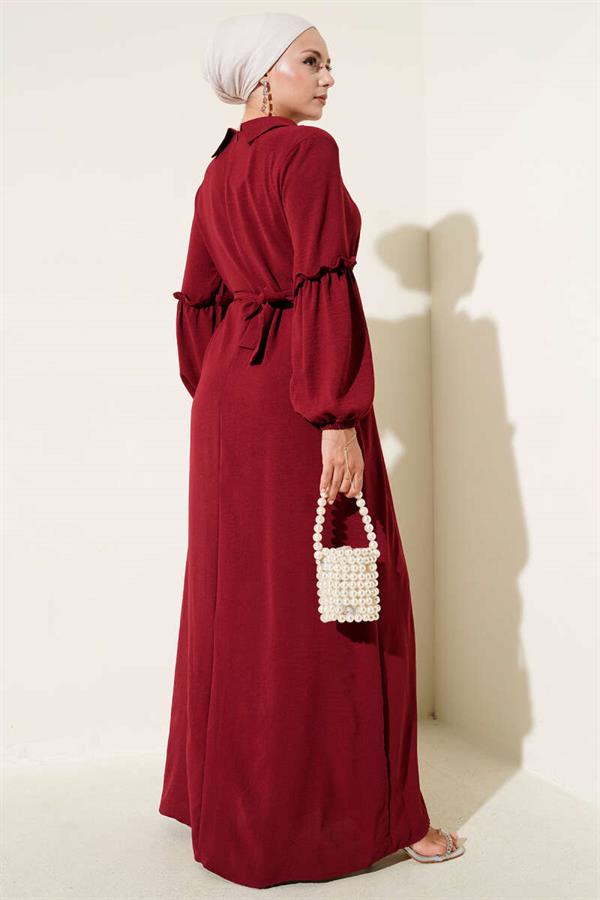 Aerobin Sleeve Gathered Dress Burgundy