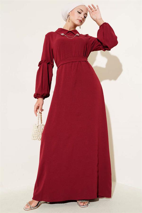 Aerobin Sleeve Gathered Dress Burgundy
