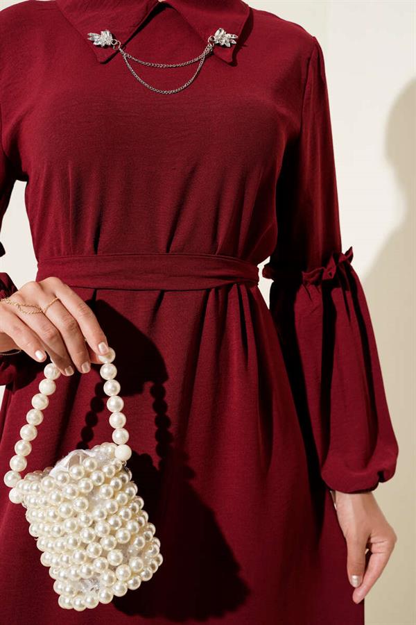 Aerobin Sleeve Gathered Dress Burgundy