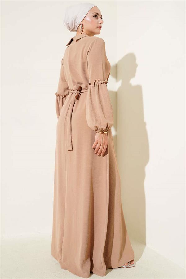 Aerobin Gathered Sleeve Dress Camel