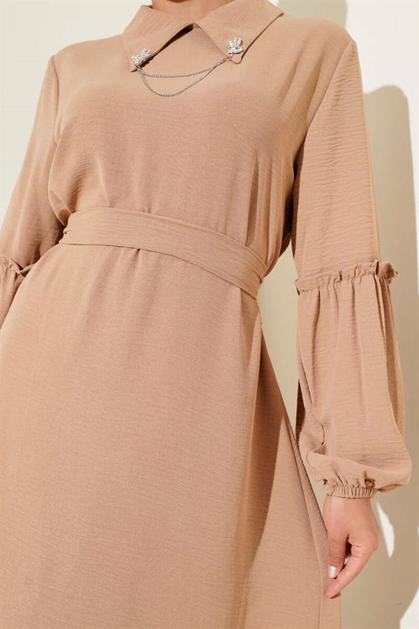 Aerobin Gathered Sleeve Dress Camel