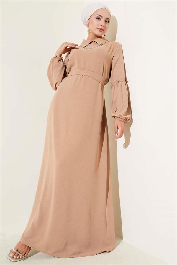 Aerobin Gathered Sleeve Dress Camel