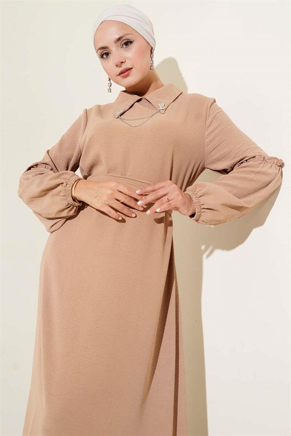 Aerobin Gathered Sleeve Dress Camel