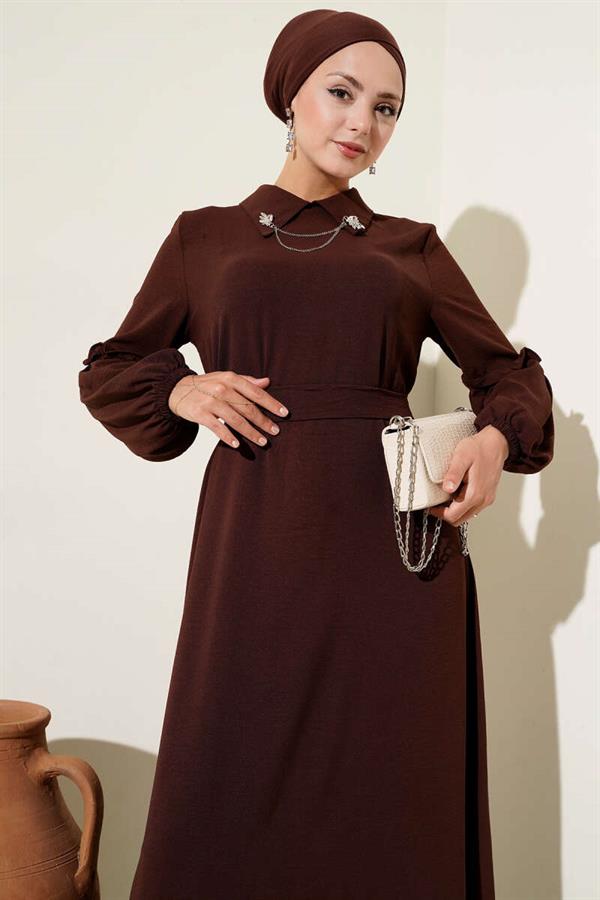 Aerobin Sleeve Gathered Dress Brown