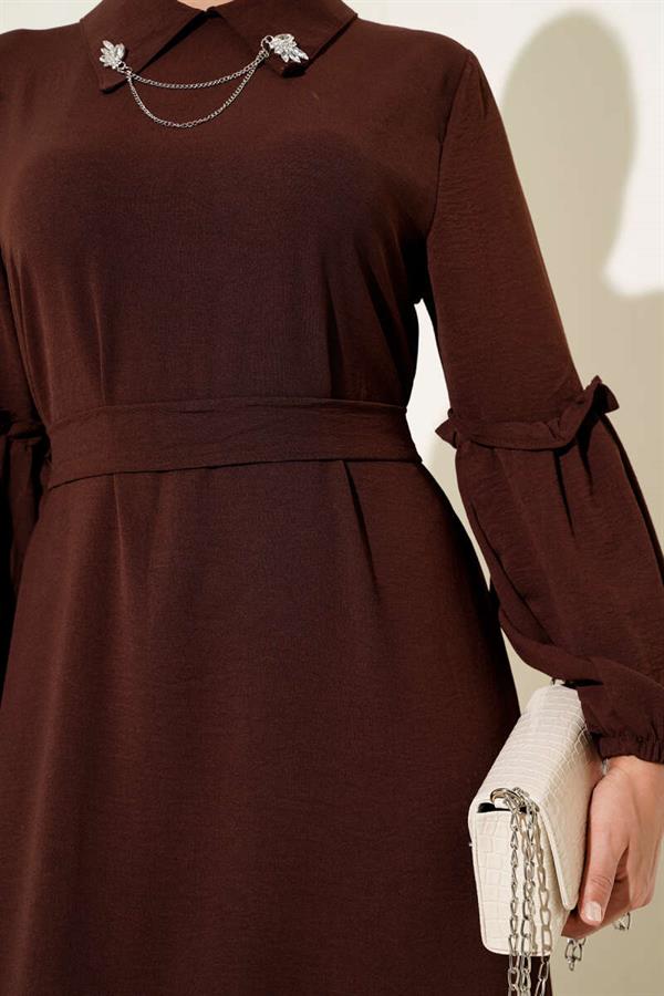 Aerobin Sleeve Gathered Dress Brown