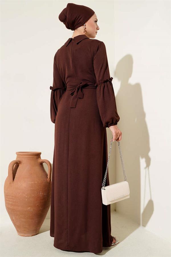Aerobin Sleeve Gathered Dress Brown