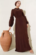 Aerobin Sleeve Gathered Dress Brown