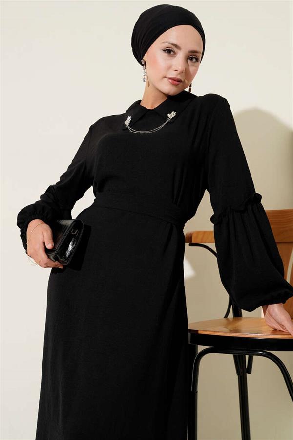 Aerobin Sleeve Gathered Dress Black