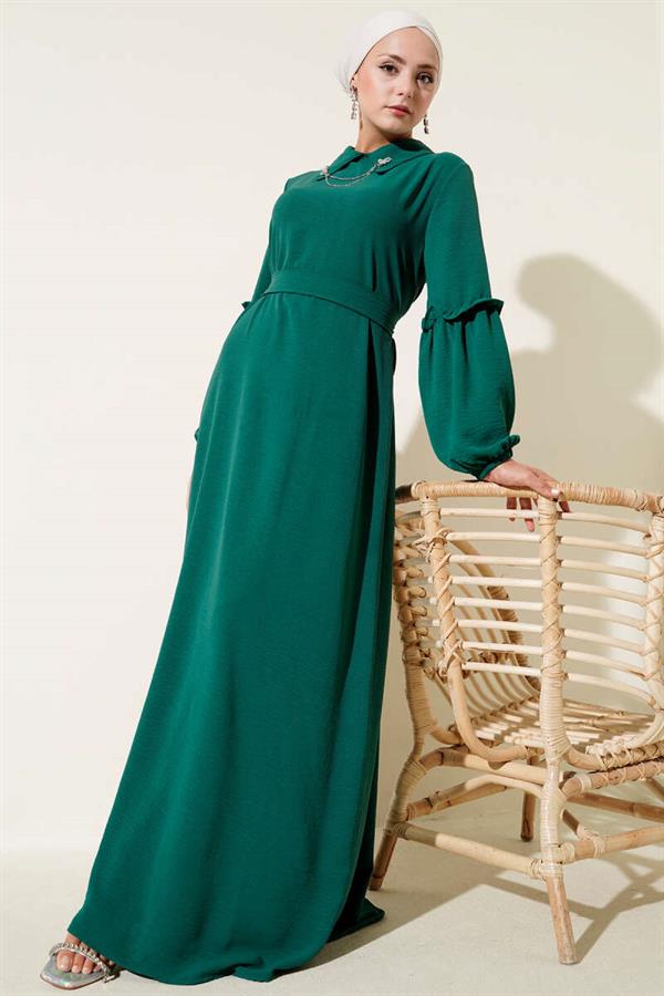 Aerobin Sleeve Gathered Dress Emerald