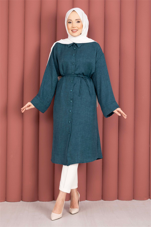 Lace-up, Button-Down Tunic Shirt in Petrol