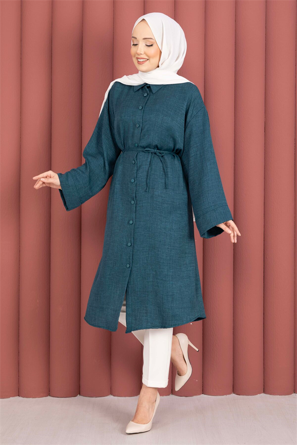 Lace-up, Button-Down Tunic Shirt in Petrol