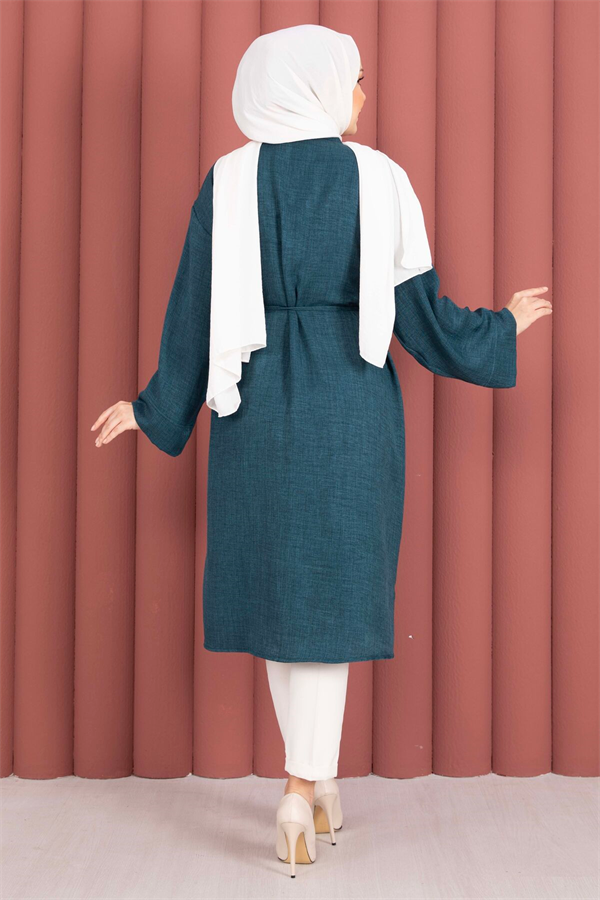 Lace-up, Button-Down Tunic Shirt in Petrol