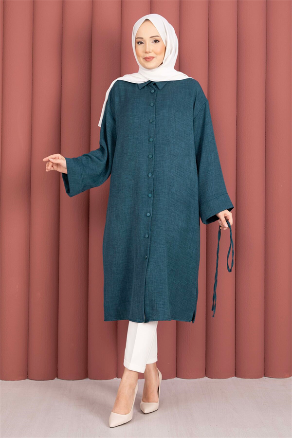Lace-up, Button-Down Tunic Shirt in Petrol