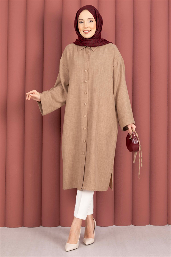 Lace-up, Button-Down Tunic Shirt, Mink