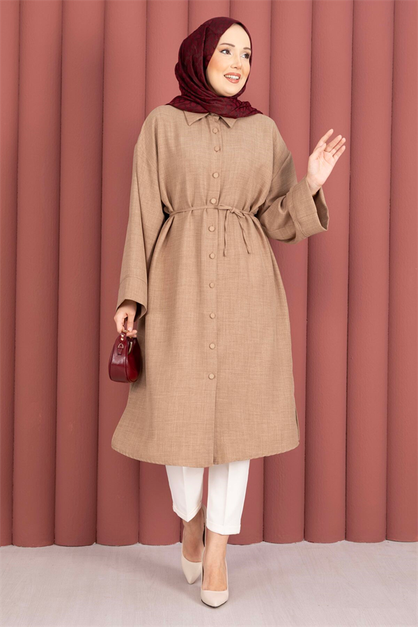 Lace-up, Button-Down Tunic Shirt, Mink