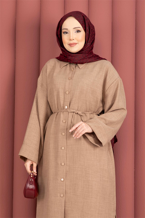 Lace-up, Button-Down Tunic Shirt, Mink