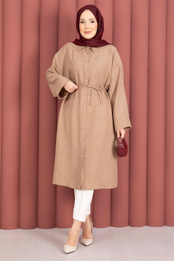 Lace-up, Button-Down Tunic Shirt, Mink