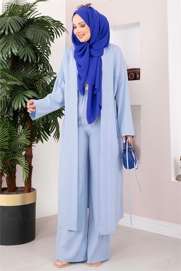 Lace-up Long Kimono Pants Set, Baby Blue