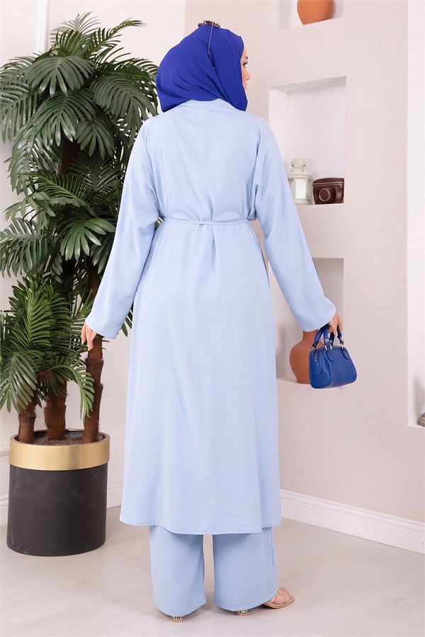 Lace-up Long Kimono Pants Set, Baby Blue