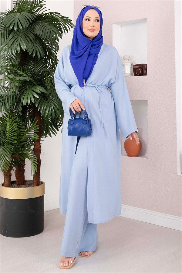 Lace-up Long Kimono Pants Set, Baby Blue