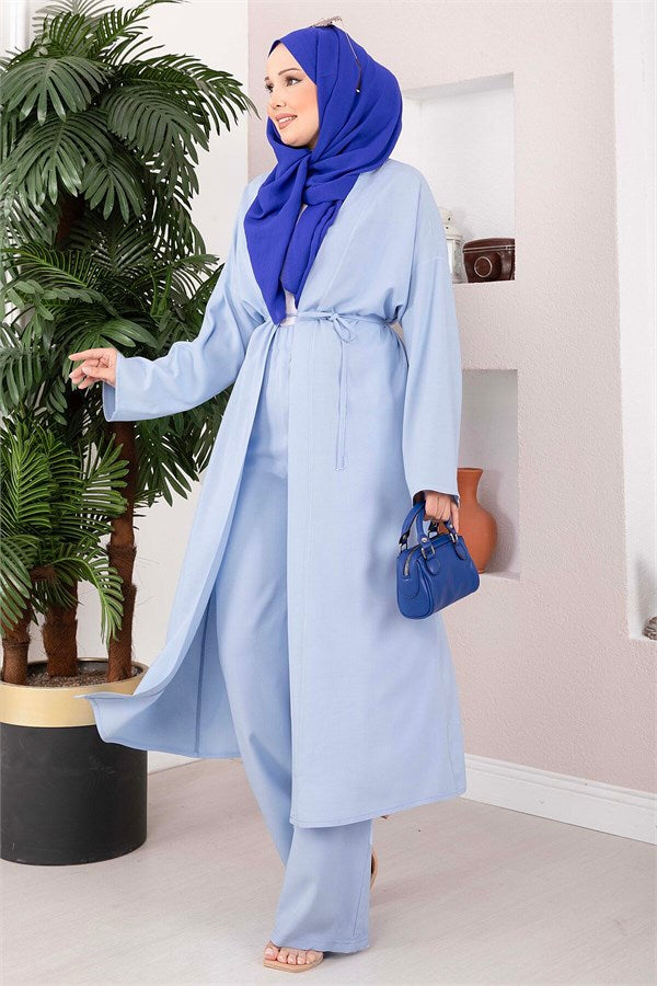 Lace-up Long Kimono Pants Set, Baby Blue