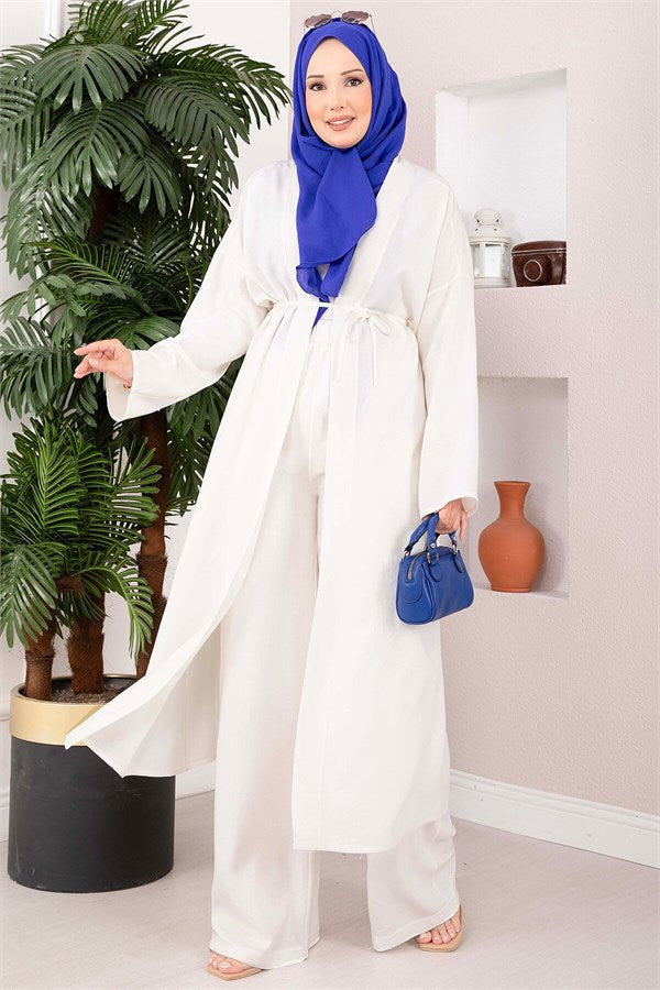 Lace-up Long Kimono Pants Set, Ecru