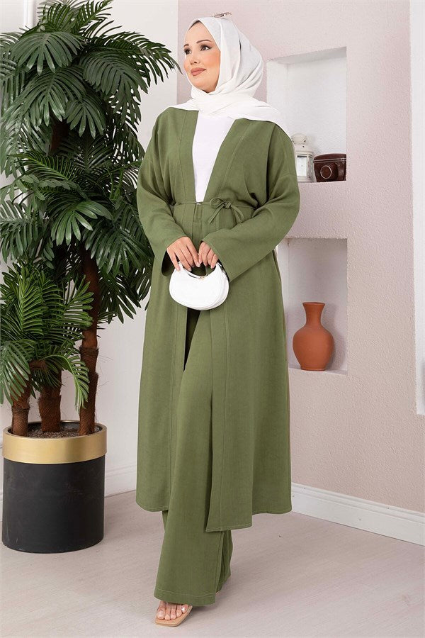 Lace-up Long Kimono Pants Set, Khaki